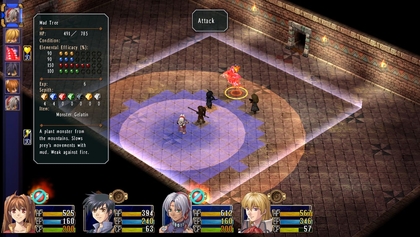 Screenshot of the 2004 video game The Legend of Heroes: Trails in the Sky (Sora no Kiseki in Japan), showing the game's combat gameplay. 
